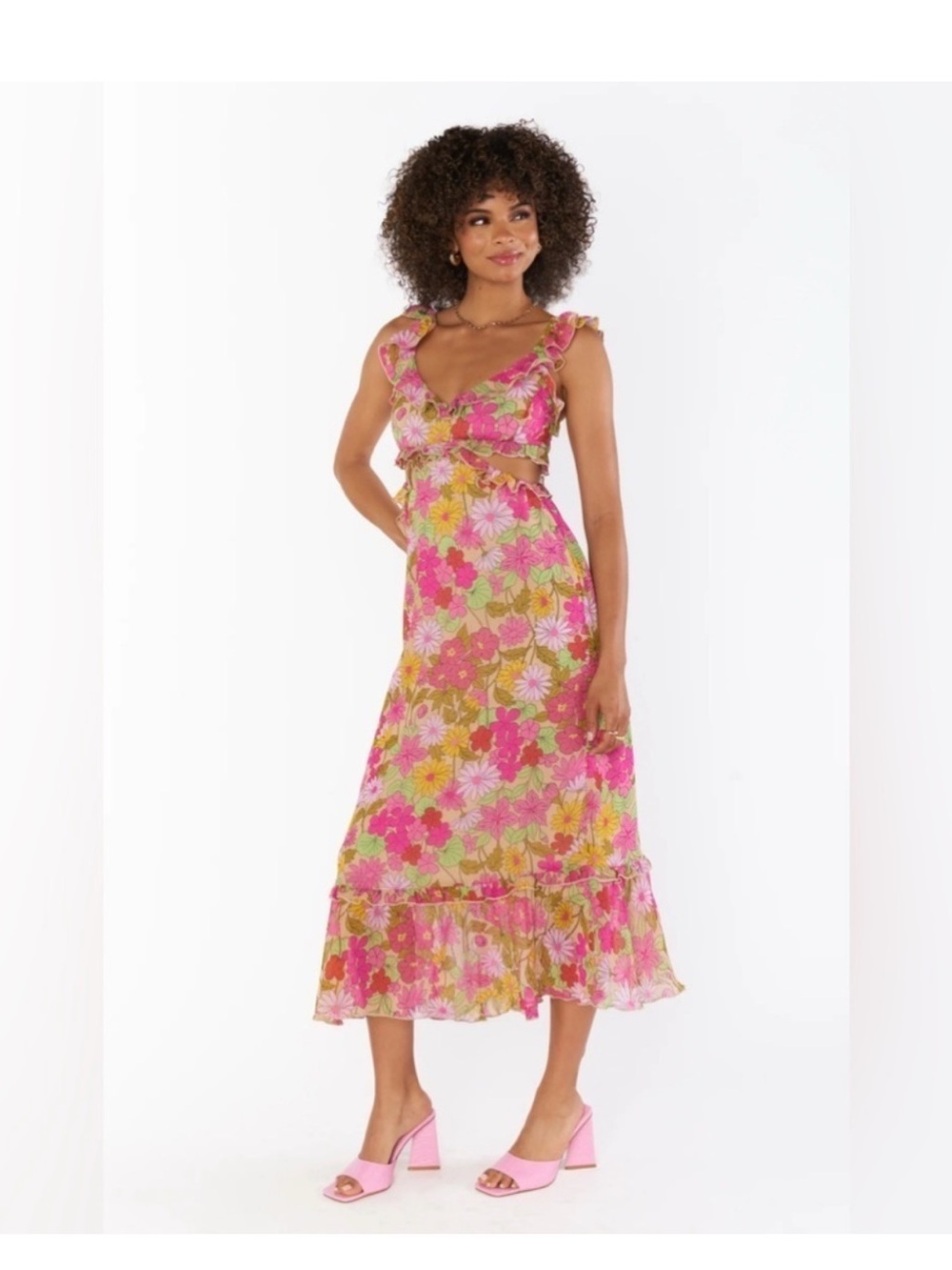 Show Me Your MuMu Pink, Yellow & Green Floral Ruffle Midi Dress